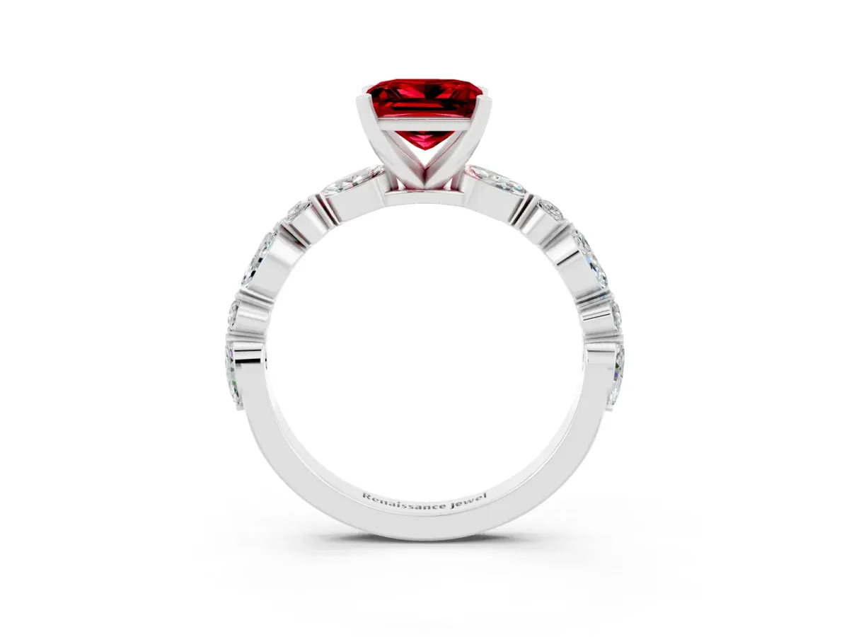 Princess Cut Ruby Ring with Marquise and Round Side Stones and Four-Prong Setting Silver