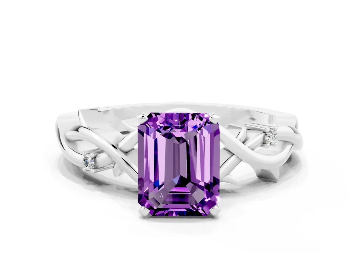 Emerald Cut Amethyst Solitaire Ring with Twisted Band and Prong Setting Silver