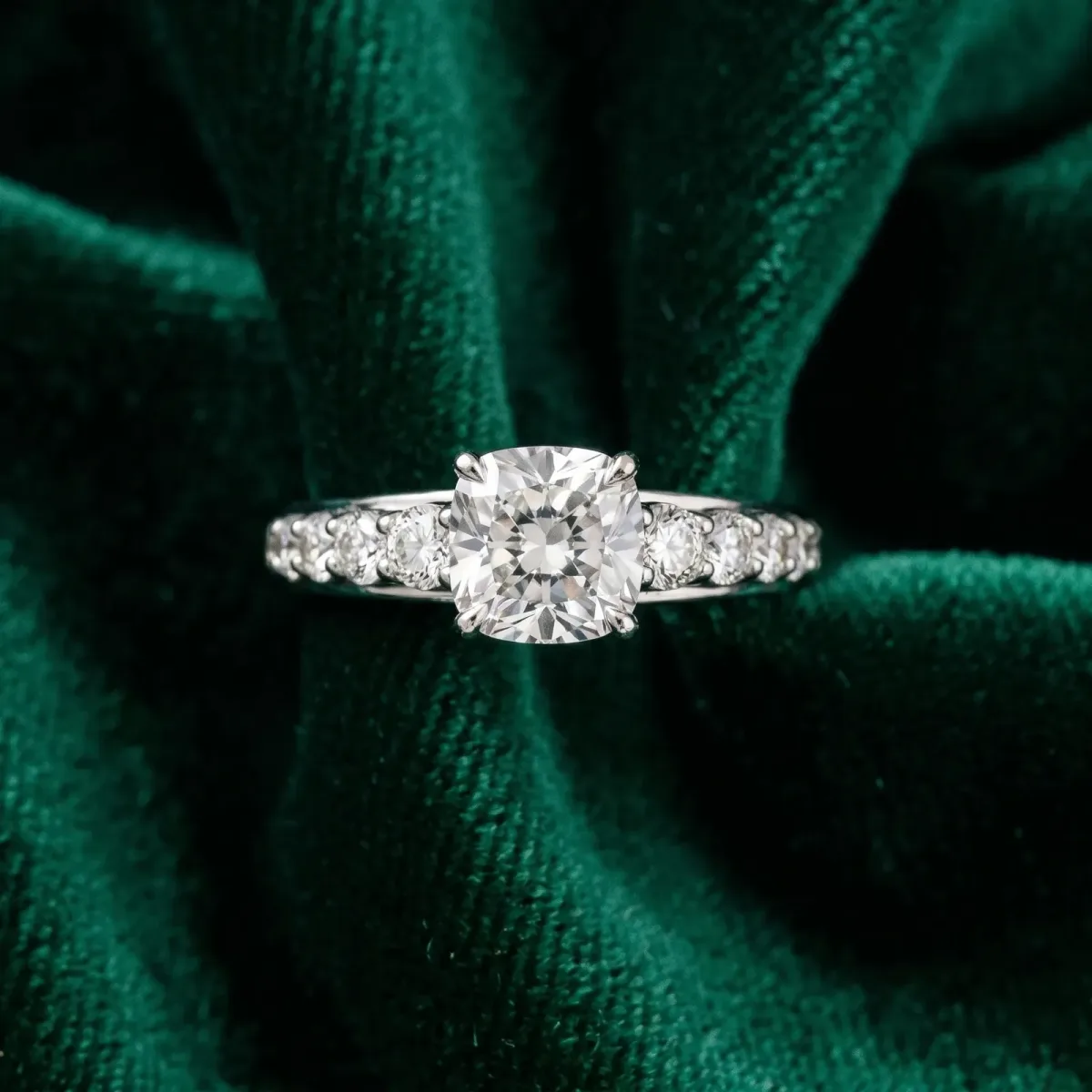 Cushion Cut Brilliant Diamond Pavé Band with Six-Prong Setting Silver