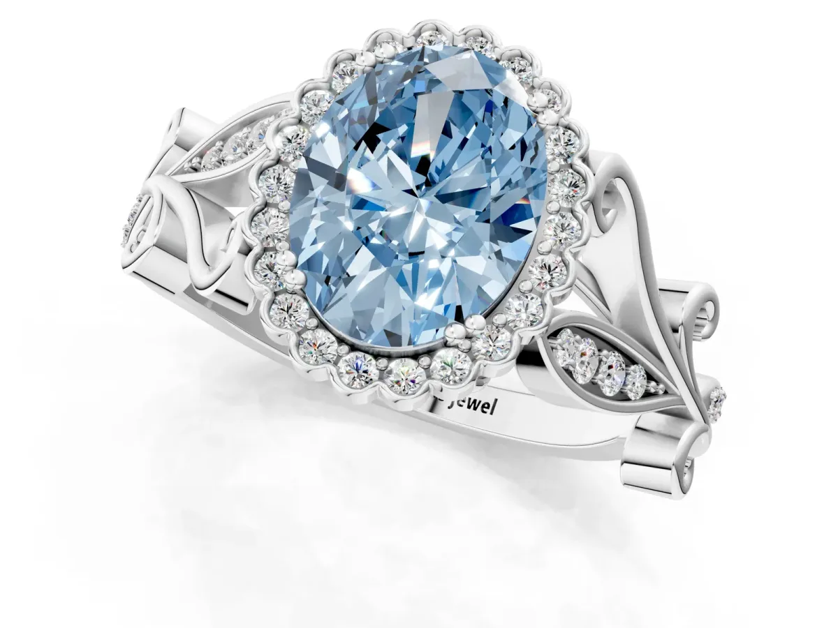 Fancy Blue Oval Cut Diamond Halo Ring with Vintage Split Shank and Four-Prong Setting Silver