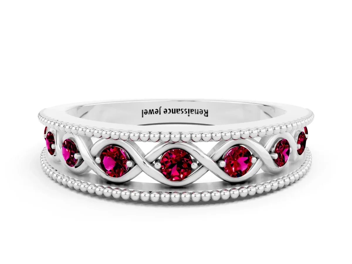 Round Garnet Twist Milgrain Band with Bezel Setting White gold