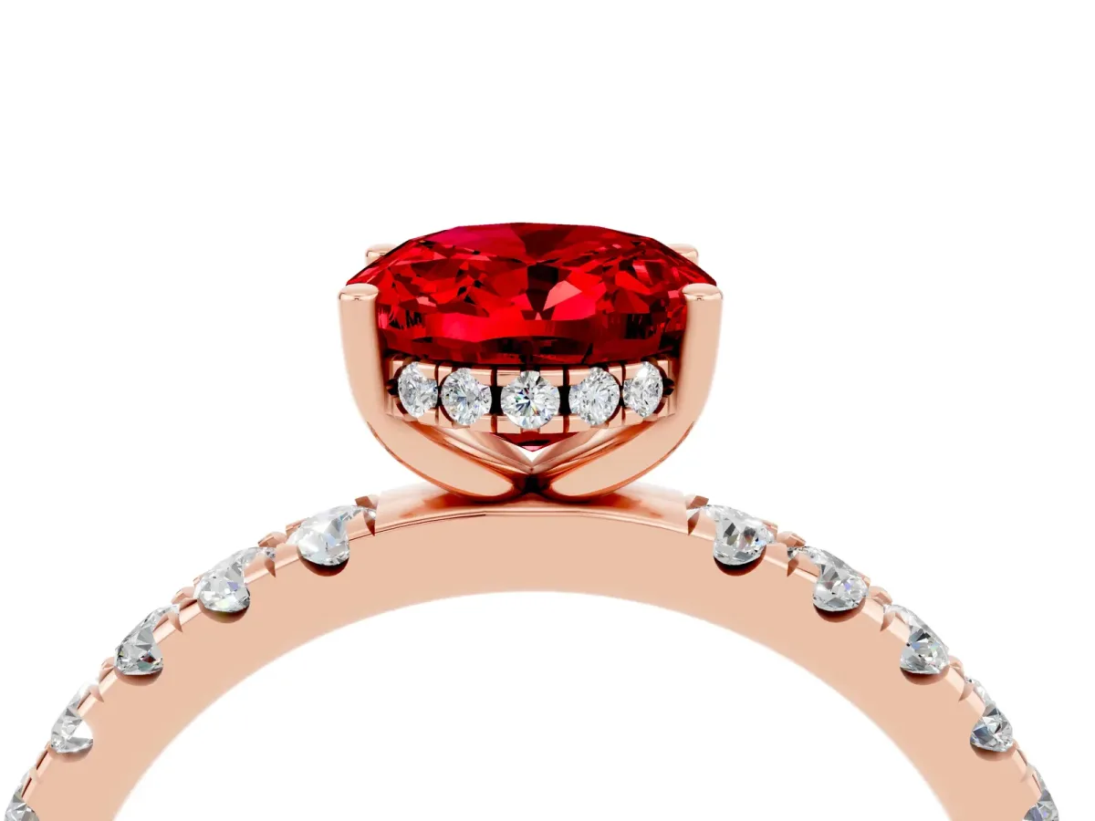 Oval Cut Ruby Pave Band Solitaire Ring with Round and Prong Setting Rose gold