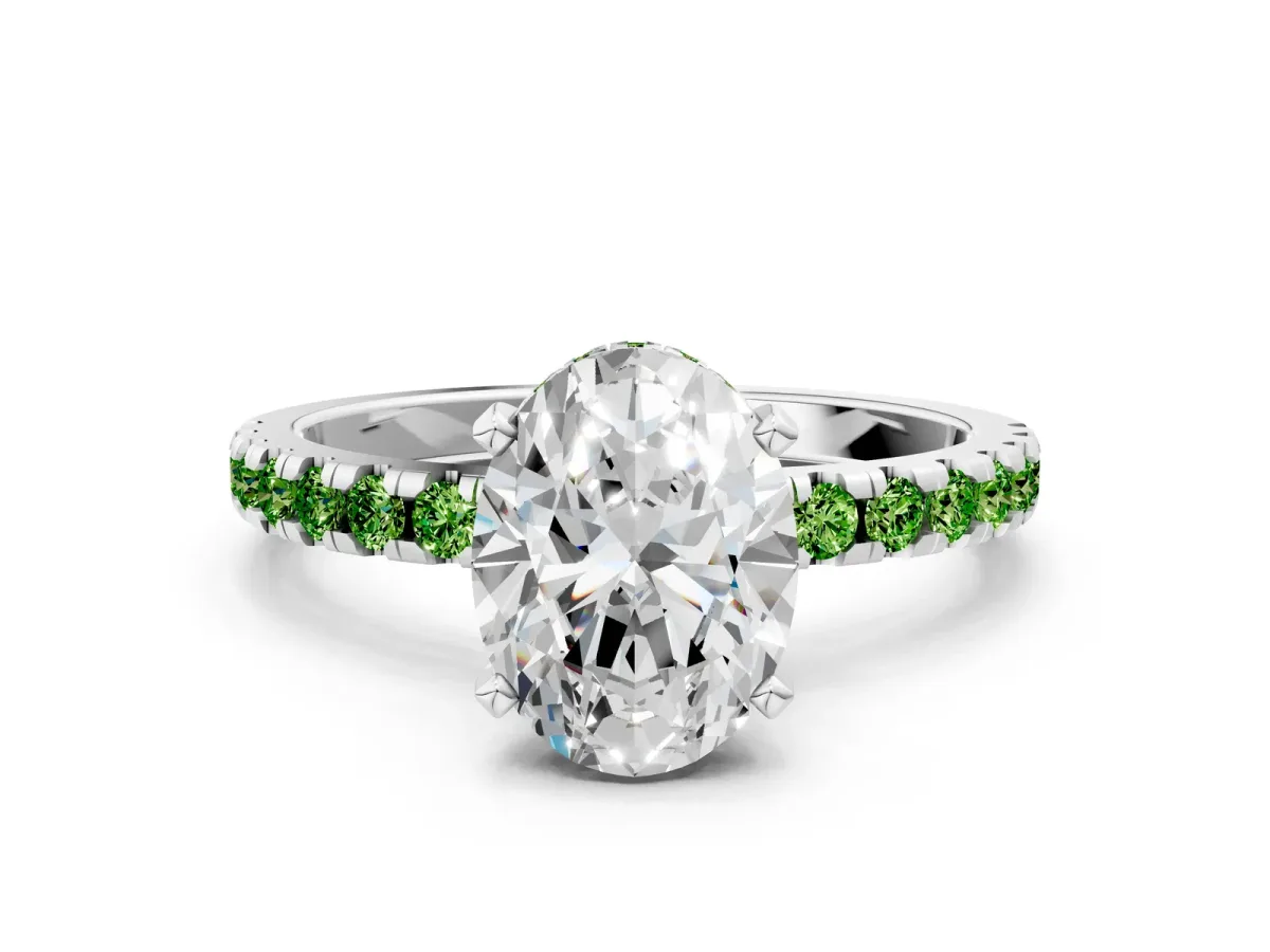 Oval Cut Diamond Solitaire Ring with Round Peridot Pavé Band and Four-Prong Setting Silver