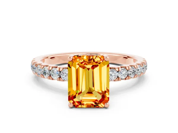 Emerald Cut Citrine Pave Band Solitaire Ring with Round and Prong Setting Rose gold