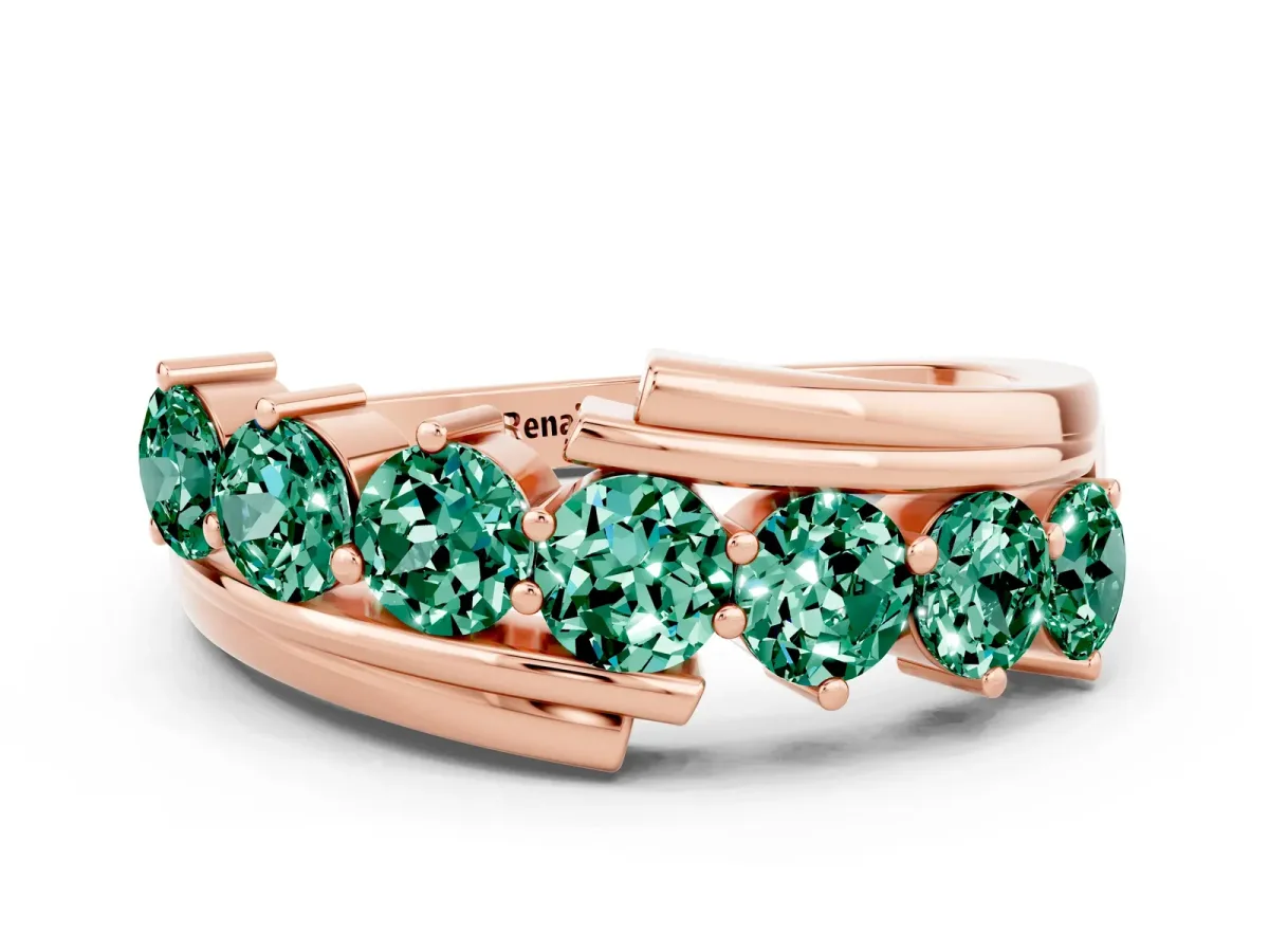 Round Green Sapphire Wave Band with Channel and Shared Prong Setting Rose gold