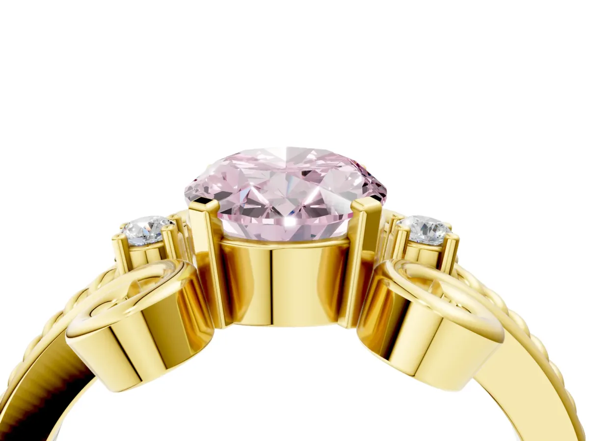 Fancy Pink Oval Cut Solitaire Twisted Band Scroll Prong Ring Yellow gold