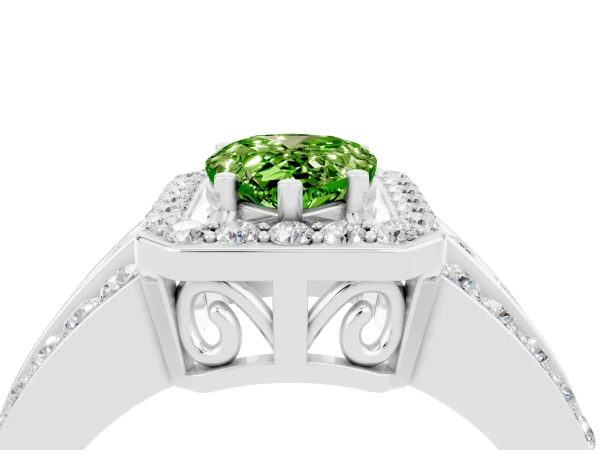 Pear Cut Halo Peridot Ring with Round Split Shank and Prong Setting Silver
