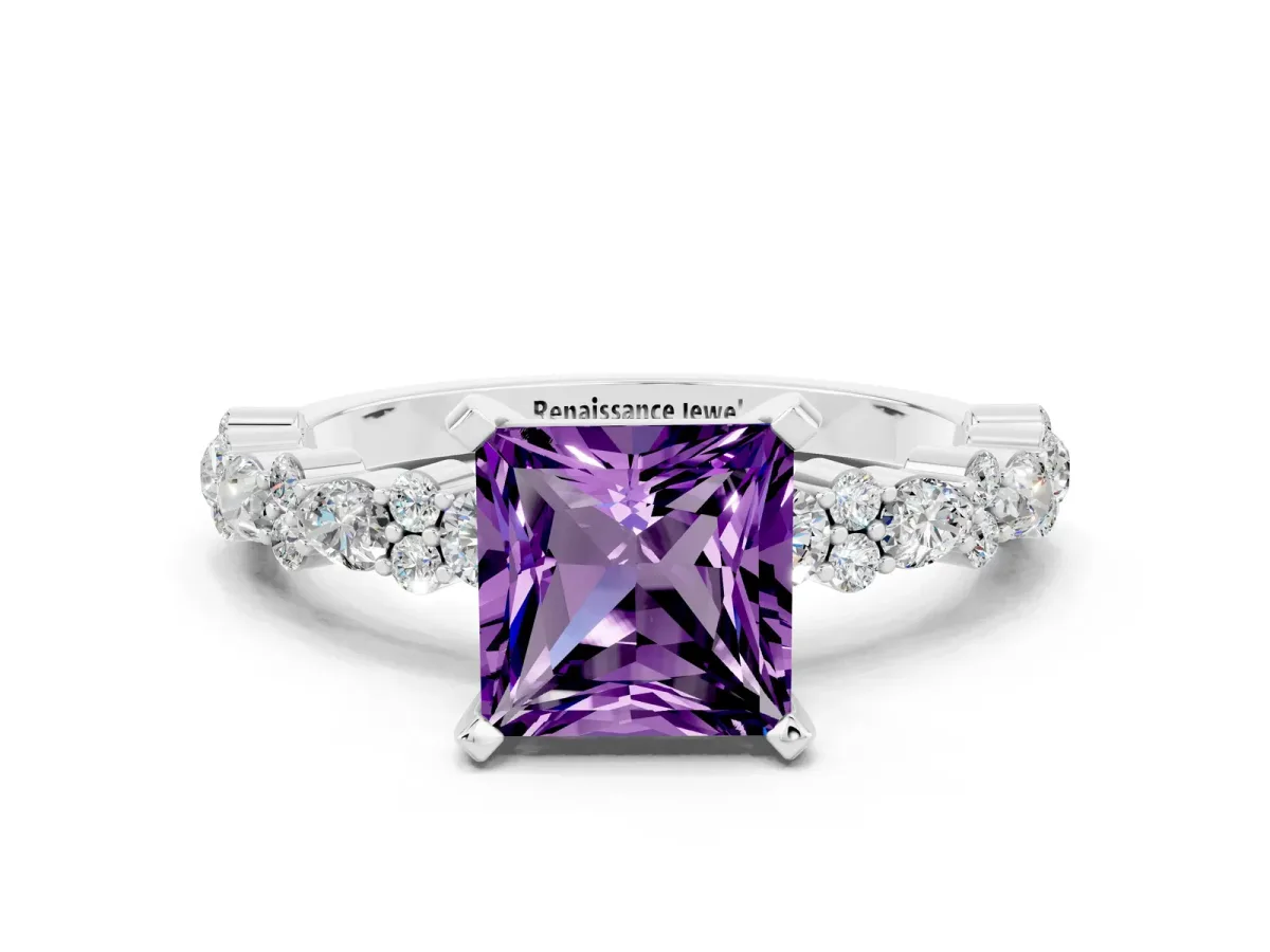 Princess Cut Amethyst Side Stone Solitaire Ring with Round and Four-Prong Setting Silver