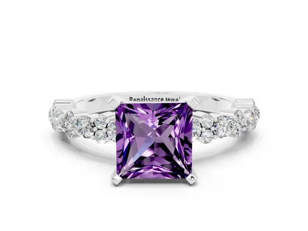 Princess Cut Amethyst Side Stone Solitaire Ring with Round and Four-Prong Setting Platinum