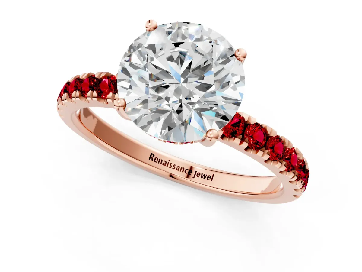 Round Cut Diamond Pave Band Solitaire Ring with Round Ruby and Prong Setting Rose gold
