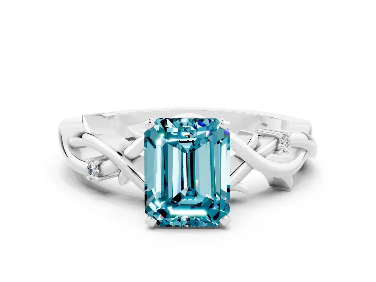 Emerald Cut Blue Topaz Solitaire Ring with Twisted Band and Prong Setting Silver