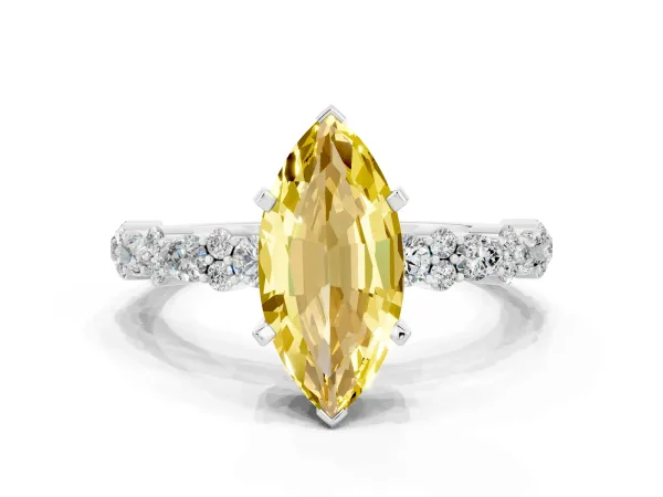 Marquise Cut Yellow Sapphire Side Stone Solitaire Ring with Round and Four-Prong Setting White gold