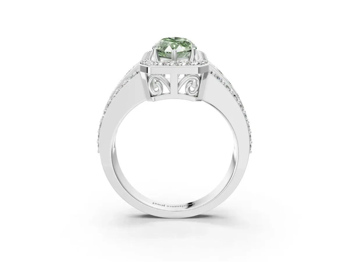 Fancy Green Marquise Cut Halo Diamond Ring with Round Split Shank and Prong Setting Platinum
