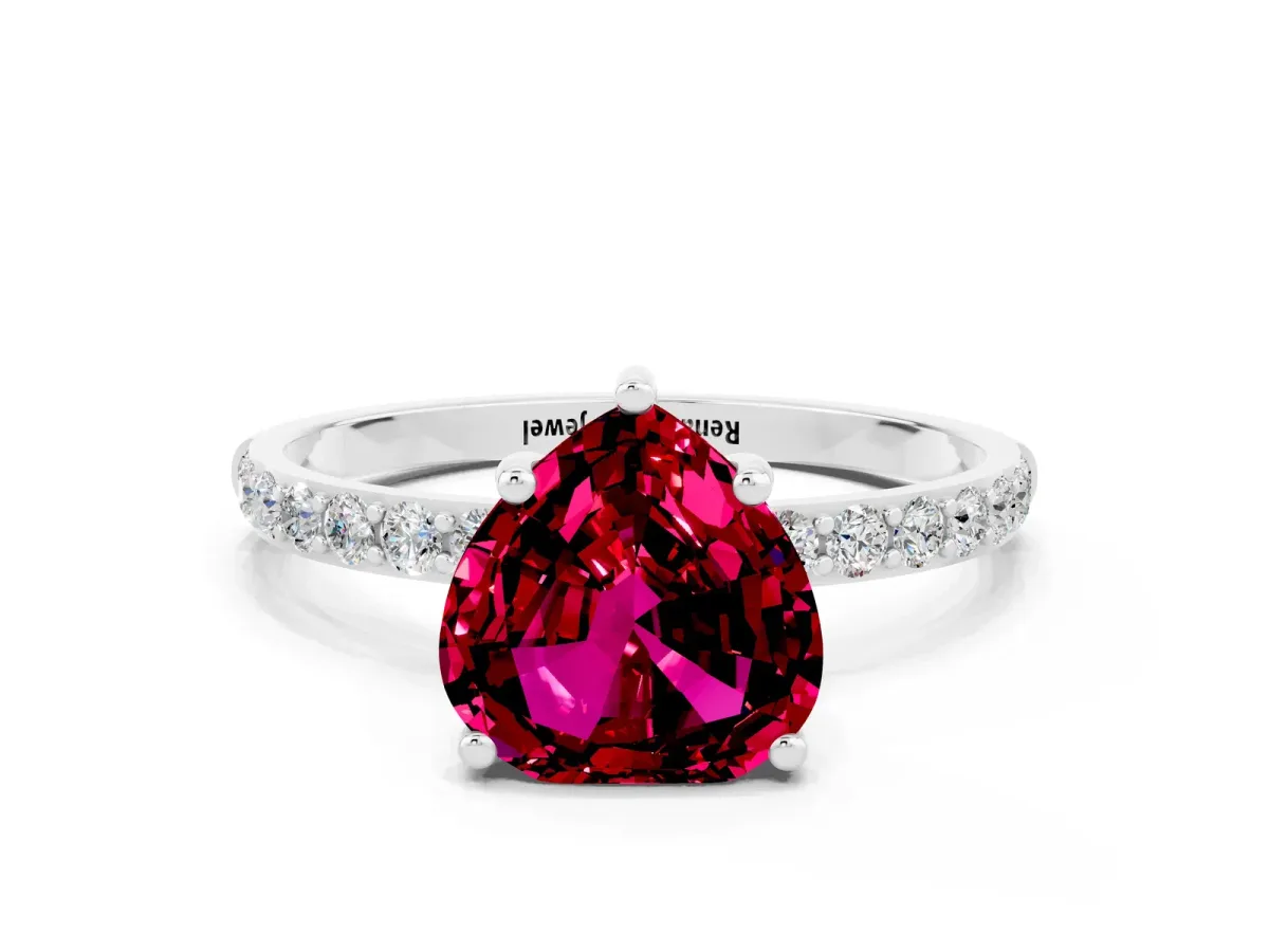 Heart Cut Garnet Solitaire Ring with Round Pavé Band and Prong Setting Silver