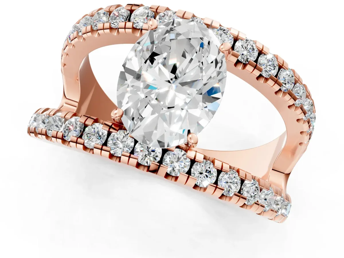 Oval Cut Solitaire Split Shank Pave Diamond Ring Rose gold