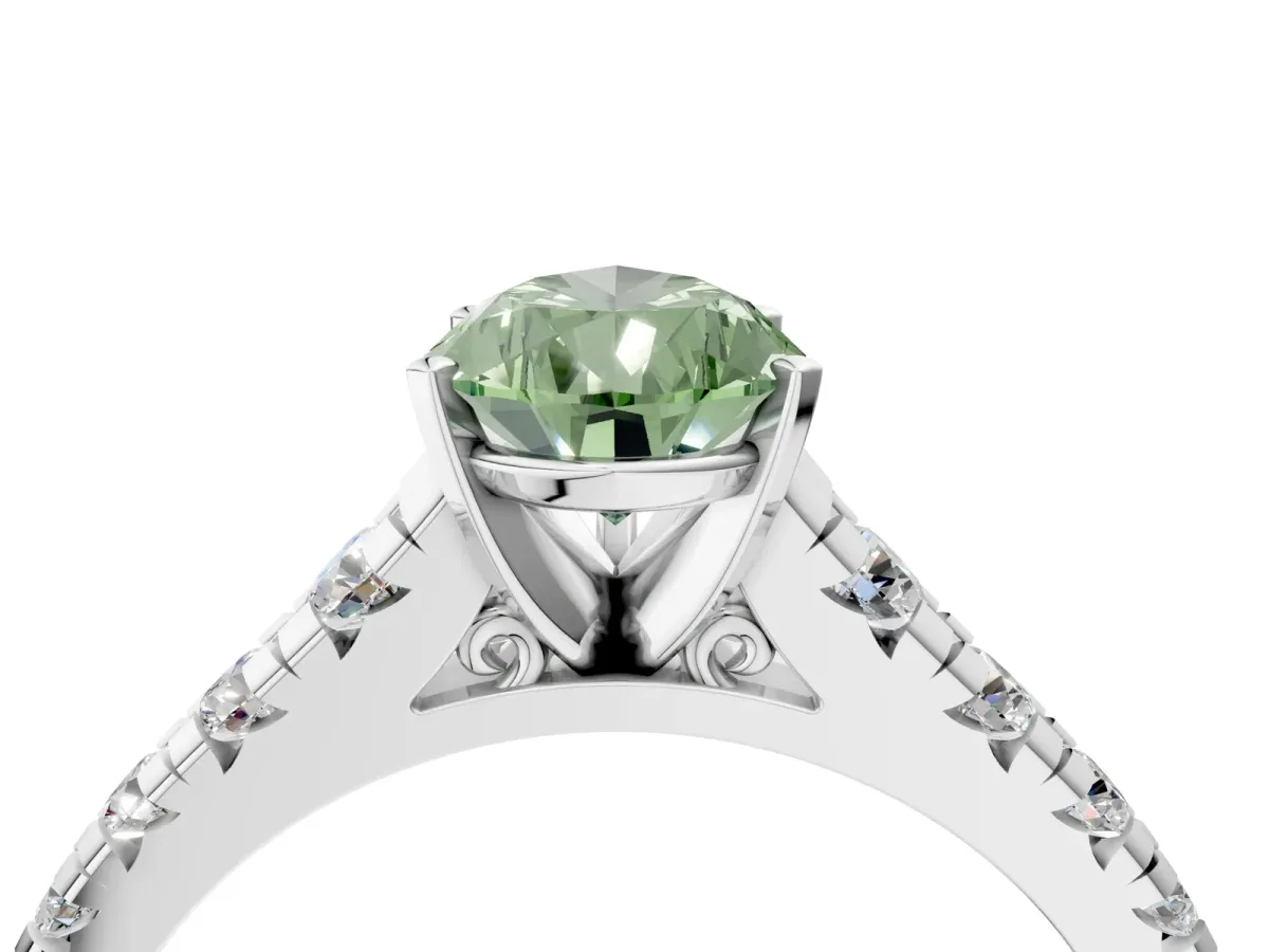 Fancy Green Pear Cut Diamond Cathedral Solitaire Ring with Round Pavé Band Silver