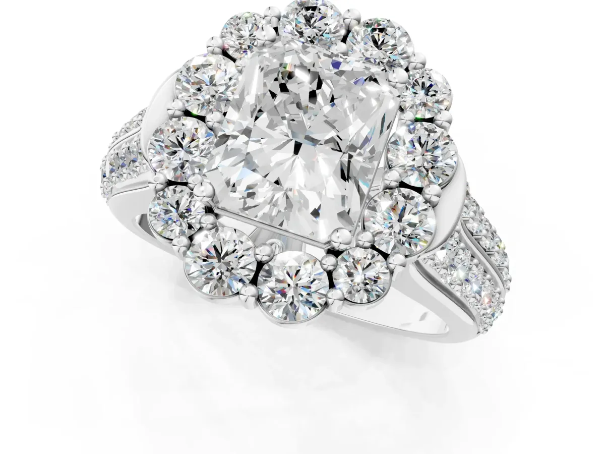Radiant Cut Halo Diamond Engagement Ring with Split Shank and Prong Setting Platinum