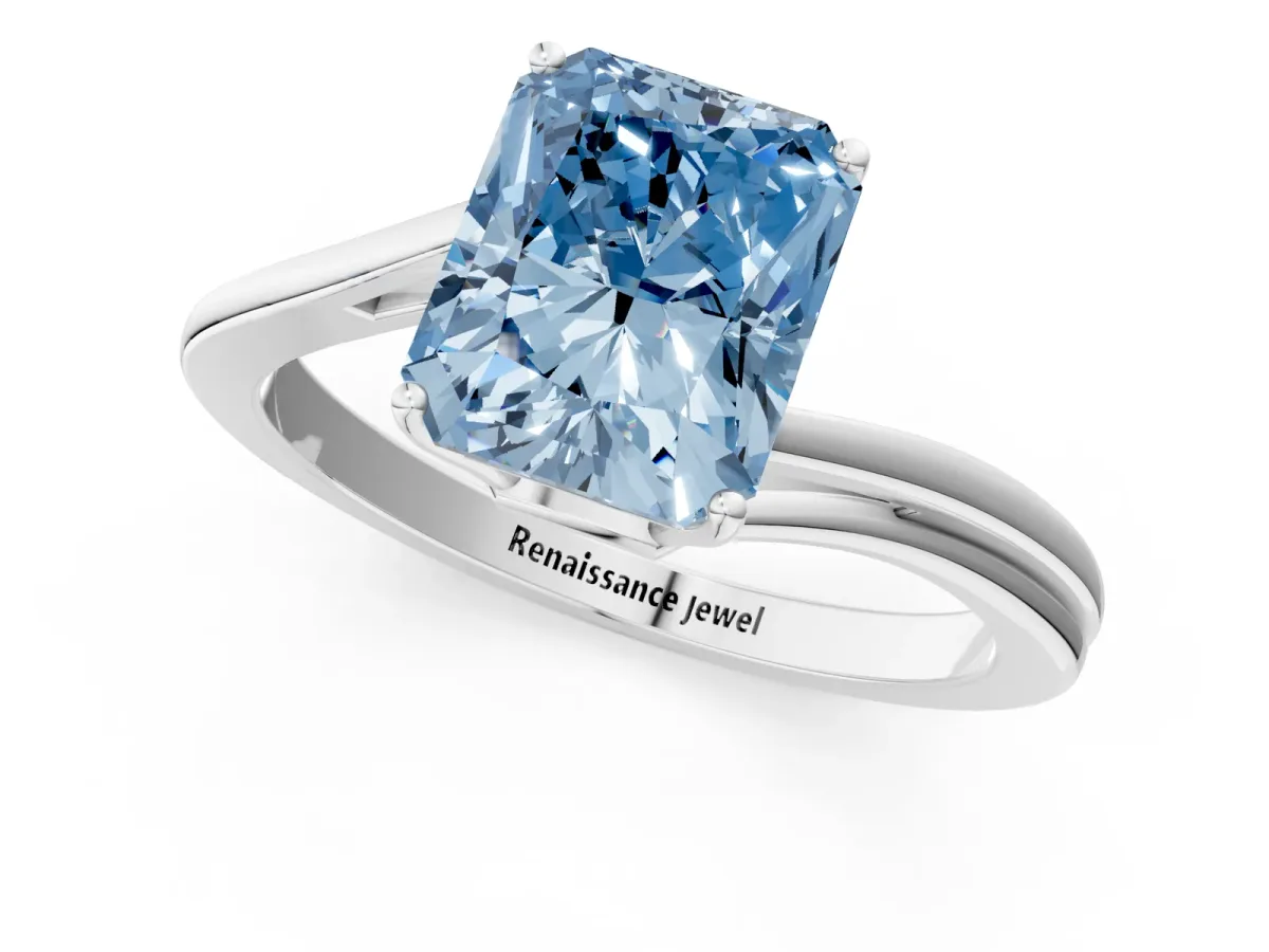 Fancy Blue Radiant Cut Cut Solitaire Twist Band Ring with Four-Prong Setting Platinum