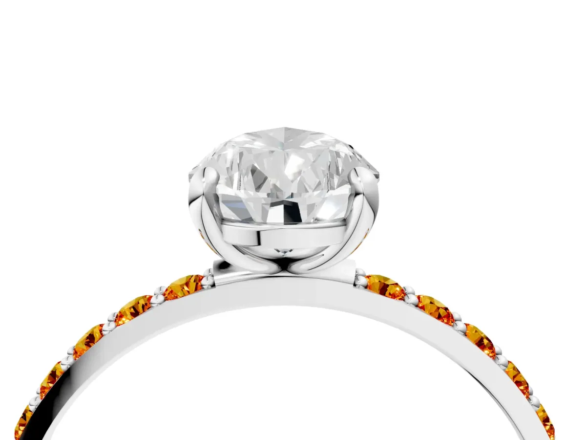 Pear Cut Diamond Solitaire Ring with Round Citrine Pavé Band and Prong Setting Silver