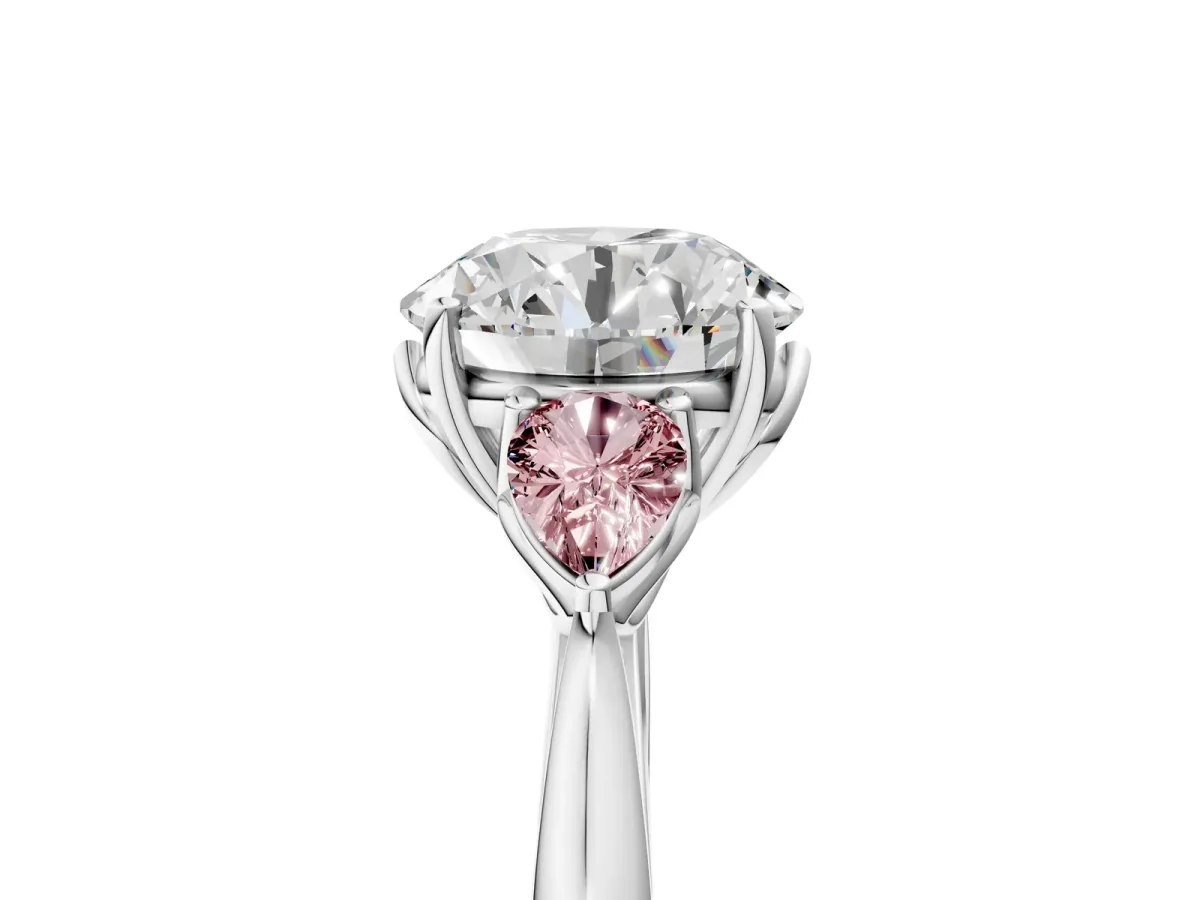 Round Cut Diamond Three-Stone Ring with Pear Morganite Side Stones and Prong Setting Silver