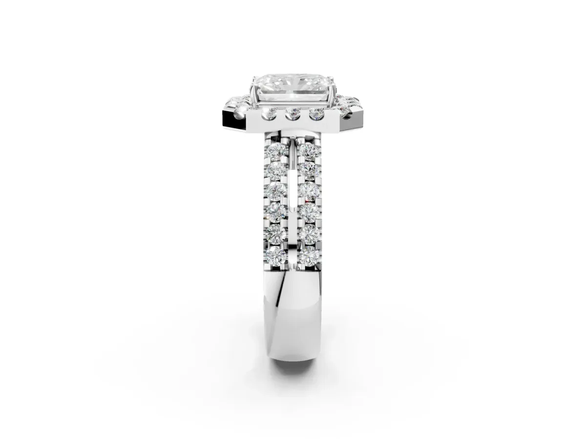 Radiant Cut Halo Diamond Split Shank Engagement Ring with Prong Setting Platinum
