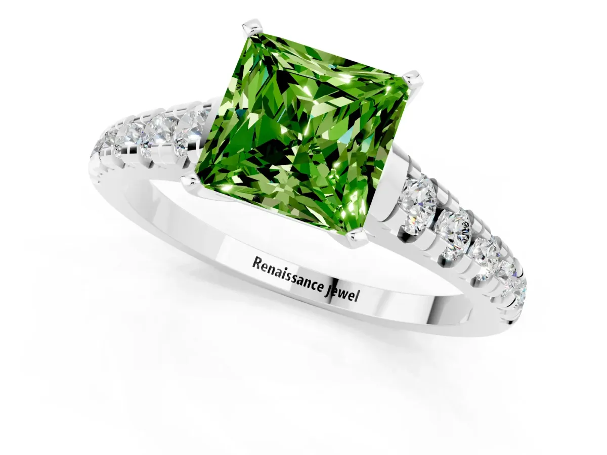 Princess Cut Peridot Cathedral Solitaire Ring with Round Pavé Band Platinum