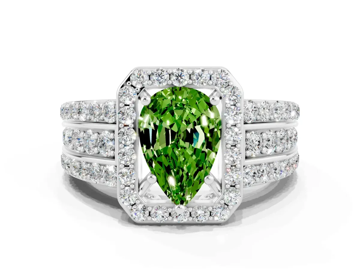 Pear Cut Halo Peridot Ring with Round Split Shank and Prong Setting Silver