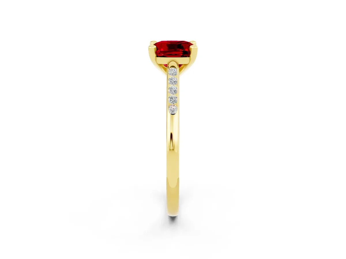 Cushion Cut Ruby Solitaire Ring with Channel Set Round Band and Prong Setting Yellow gold