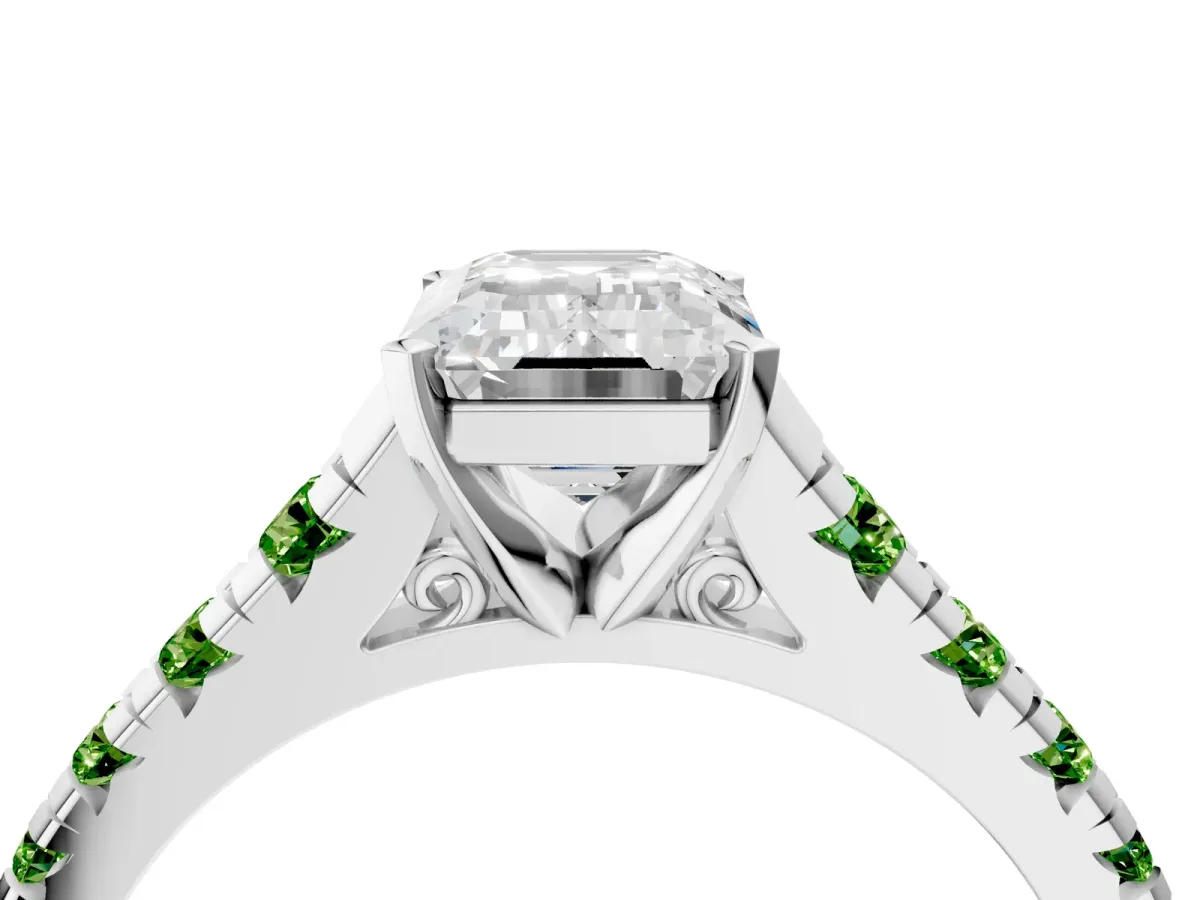 Emerald Cut Diamond Cathedral Solitaire Ring with Round Peridot Pavé Band Platinum