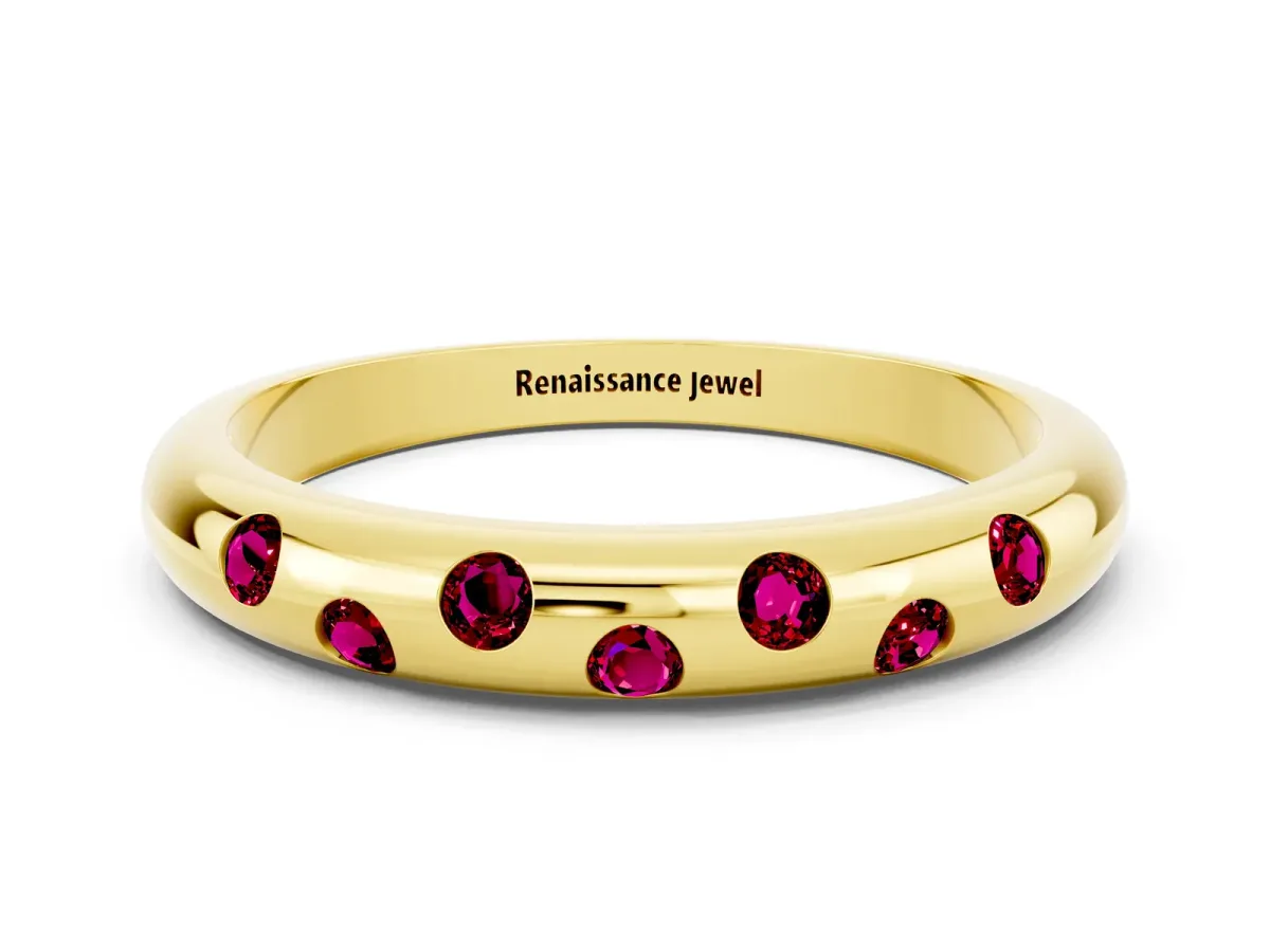 Round Garnet Flush-Set Comfort Fit Band Yellow gold