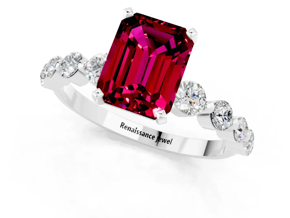 Emerald Cut Solitaire Garnet Ring with Pave Band and Four-Prong Setting Platinum