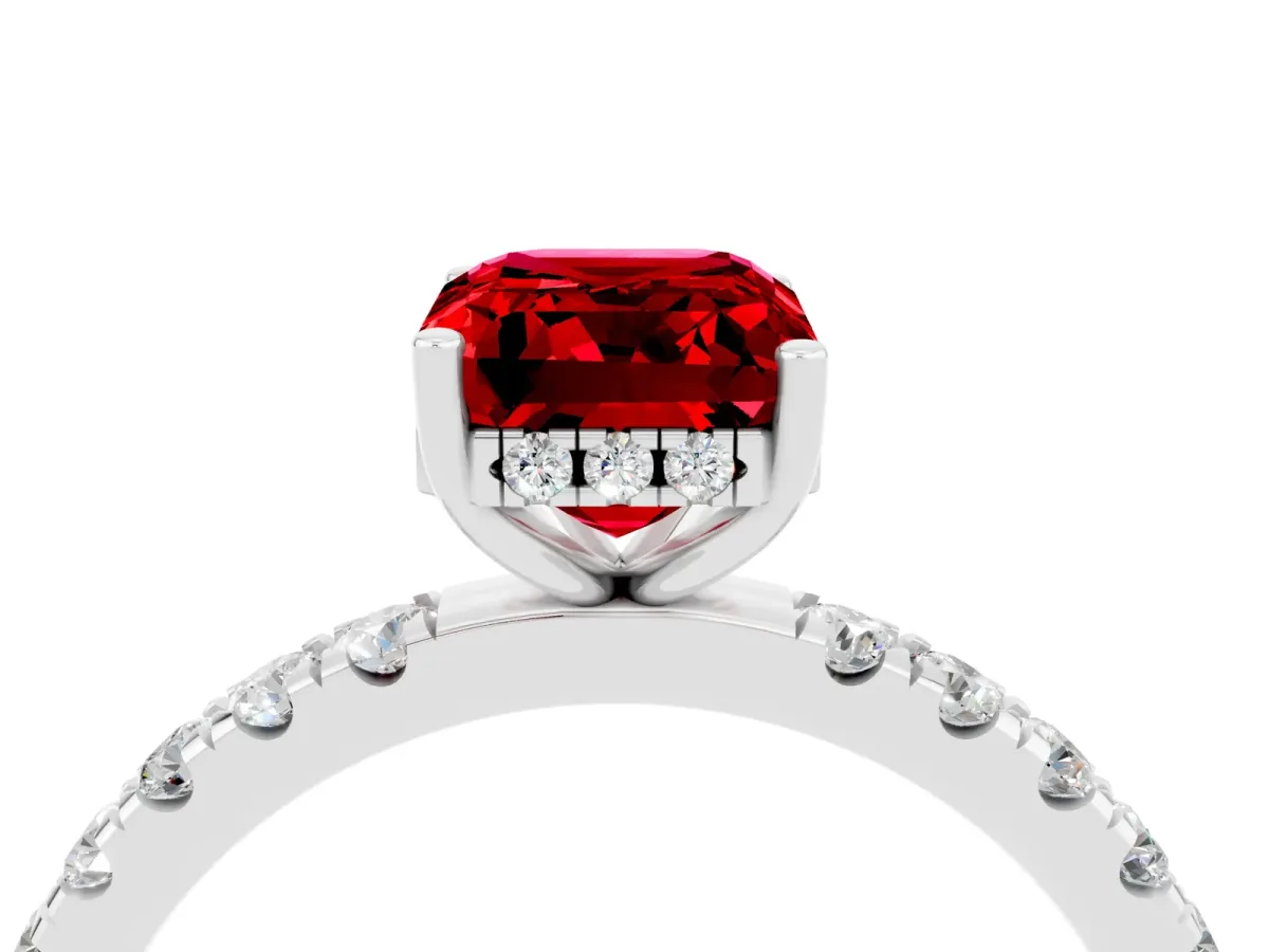 Emerald Cut Ruby Pave Band Solitaire Ring with Round and Prong Setting Platinum