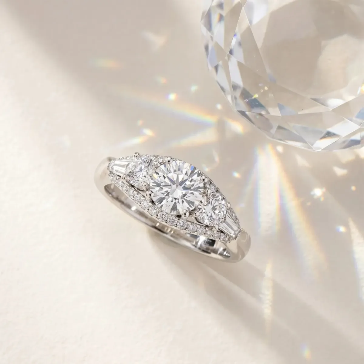 Three-Stone Asscher Cut Diamond Engagement Ring with Pave Band and Prong Setting Platinum