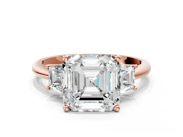 Asscher Cut Diamond Three-Stone Ring with Trapezoid Side Stones and Prong Setting Rose gold