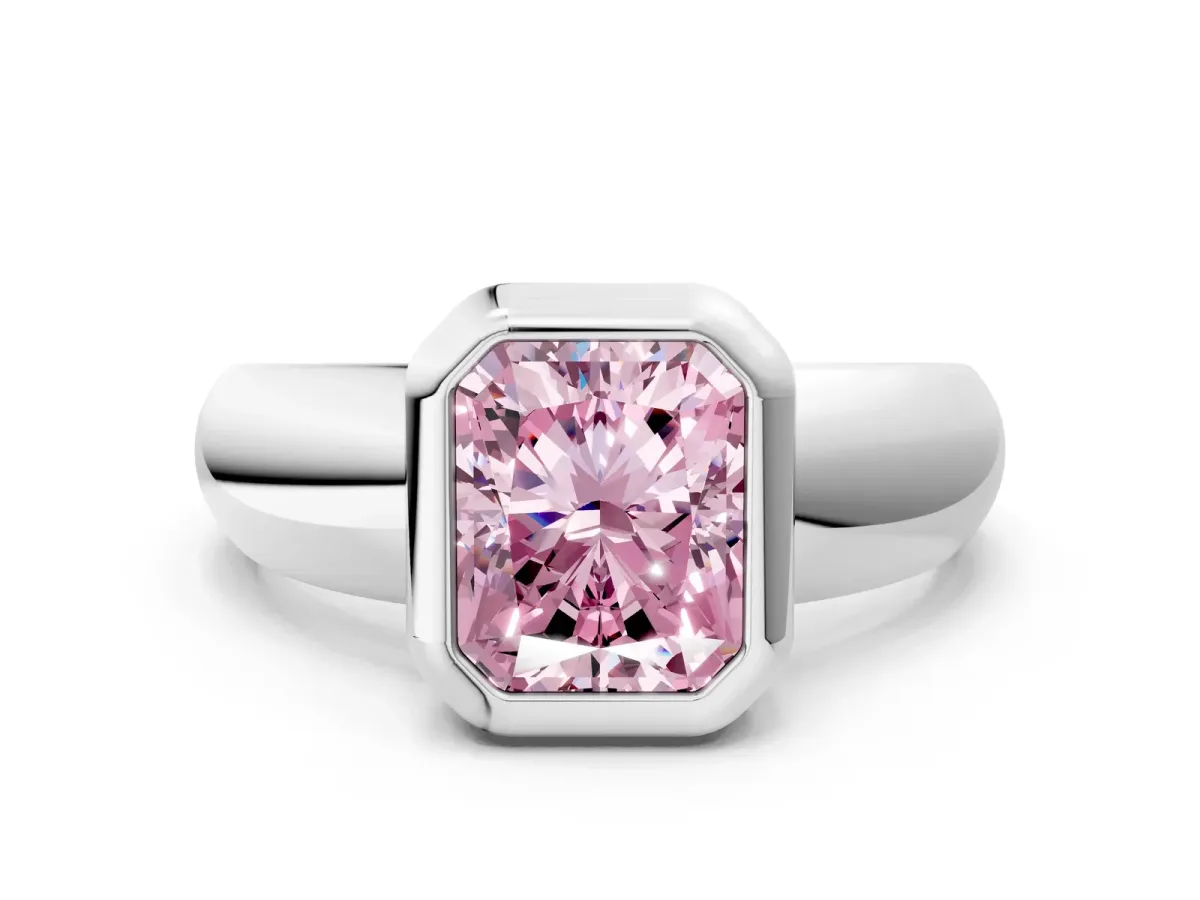Fancy Pink Bezel Set Radiant Cut Solitaire Ring with Wide Band Platinum