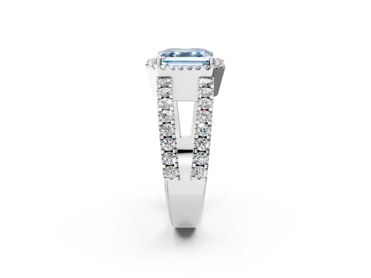 Fancy Blue Asscher Cut Cut Halo Split Shank Diamond Ring with Four-Prong Setting Platinum