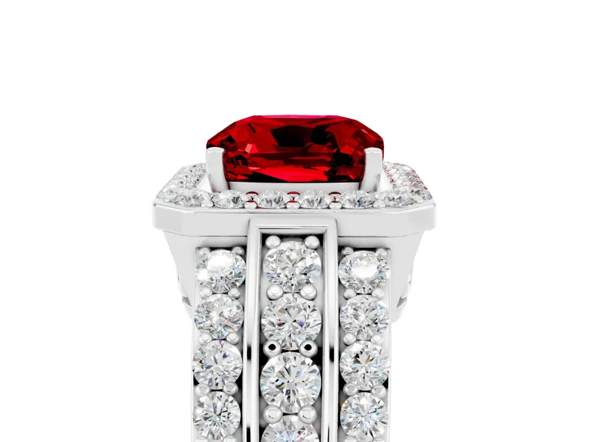 Cushion Cut Halo Ruby Ring with Round Split Shank and Prong Setting Platinum