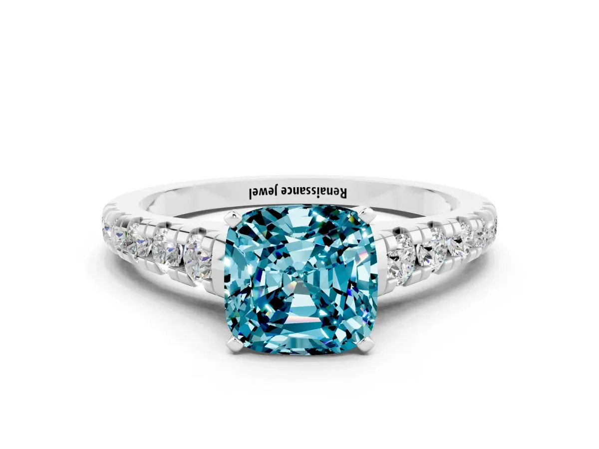 Cushion Cut Blue Topaz Cathedral Solitaire Ring with Round Pavé Band Silver