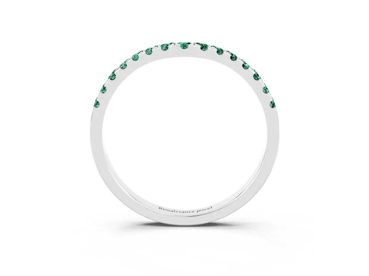 Curved Pavé Round Green Sapphire Wedding Band with Shared Prong Setting Silver