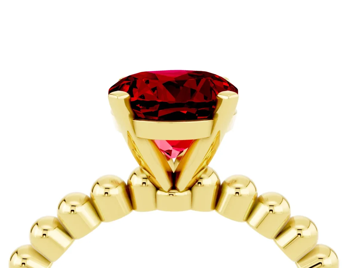 Round Cut Ruby Solitaire Ring with Beaded Band and Prong Setting Yellow gold