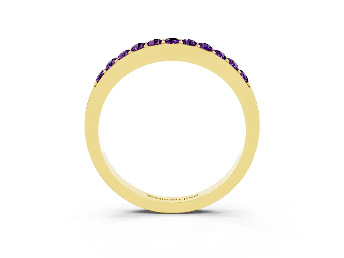 Round Amethyst Curved Wedding Band with Channel Setting Yellow gold