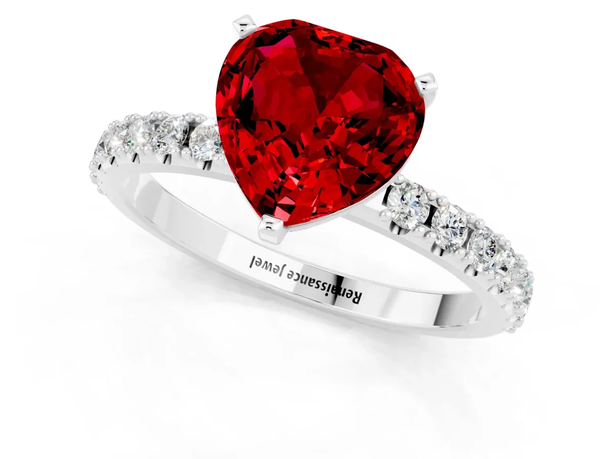 Heart Cut Ruby Solitaire Pavé Band with Four-Prong Setting Silver