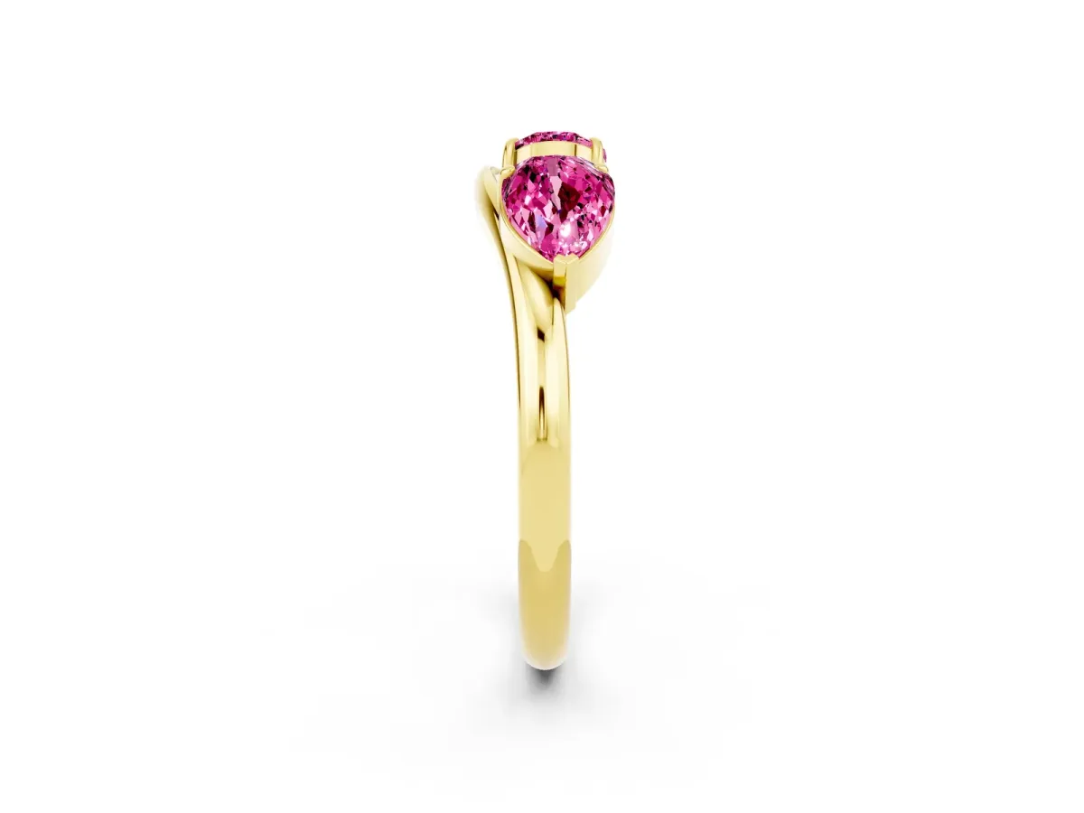 Two-Stone Pear Pink Sapphire Bypass Ring with Prong Setting Yellow gold