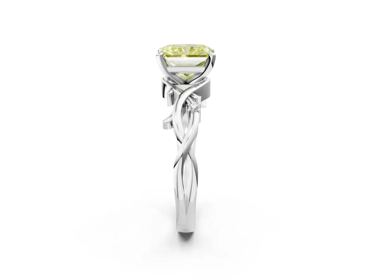 Fancy Yellow Radiant Cut Diamond Solitaire Ring with Twisted Band and Prong Setting Silver