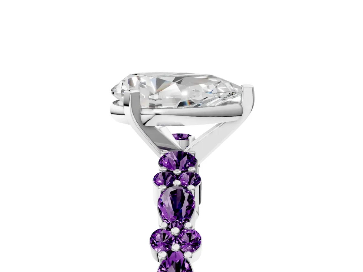 Pear Cut Diamond Side Stone Solitaire Ring with Round Amethyst and Four-Prong Setting Platinum