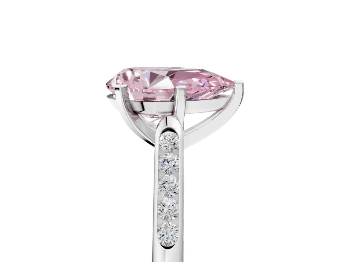 Fancy Pink Pear Cut Diamond Solitaire Ring with Channel Set Round Band and Prong Setting Silver