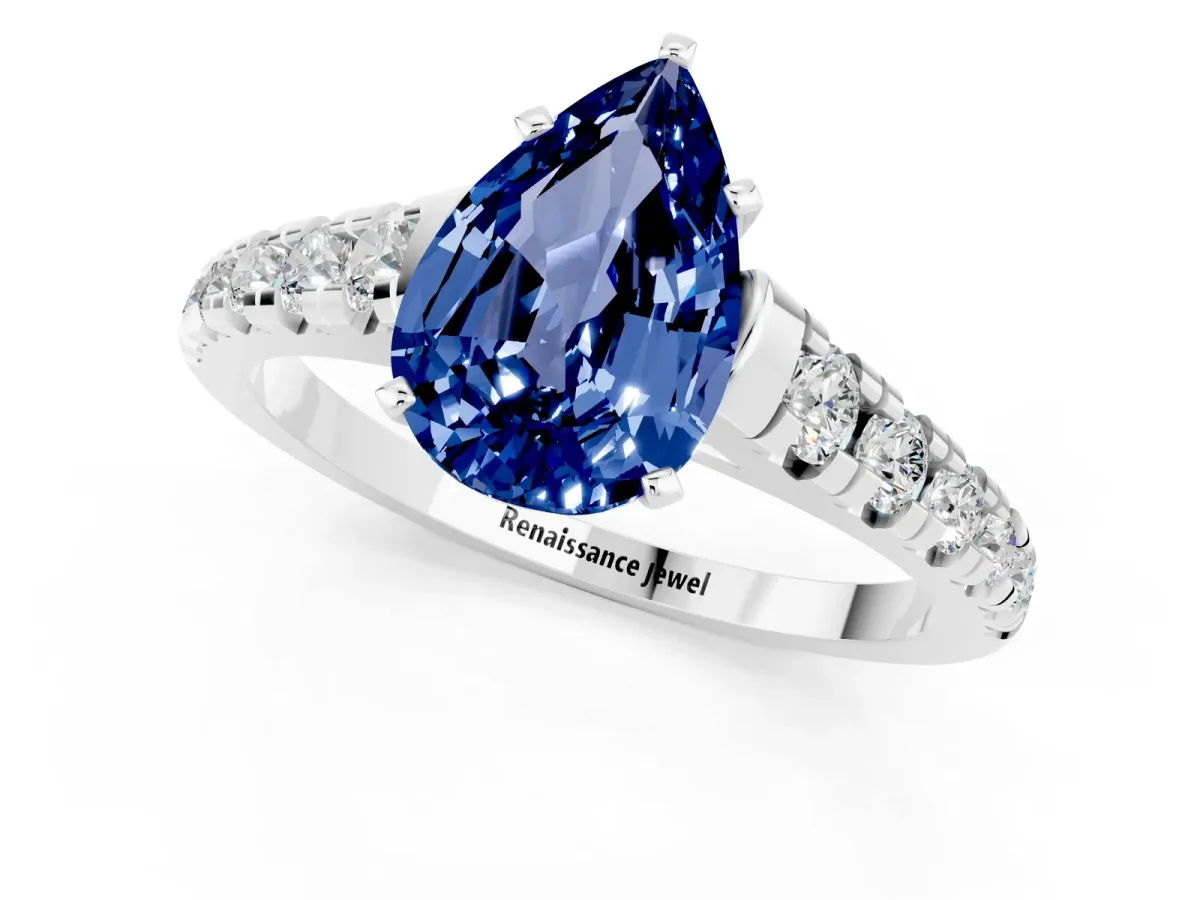 Pear Cut Blue Sapphire Cathedral Solitaire Ring with Round Pavé Band Silver
