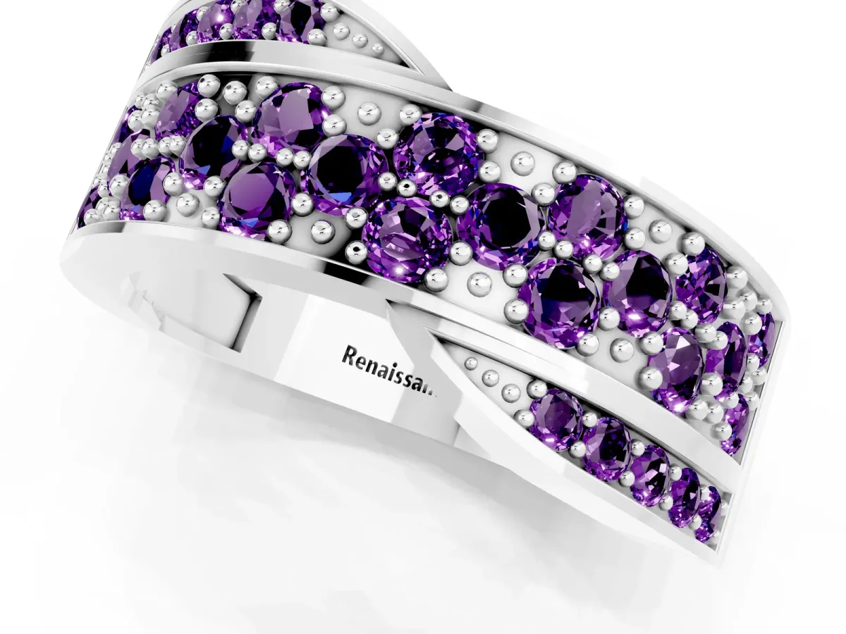 Pavé Round Amethyst Crossover Band with Bead Prong Setting Silver