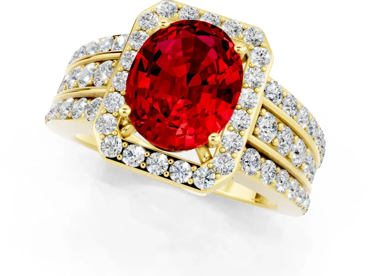Oval Cut Halo Ruby Ring with Round Split Shank and Prong Setting Yellow gold