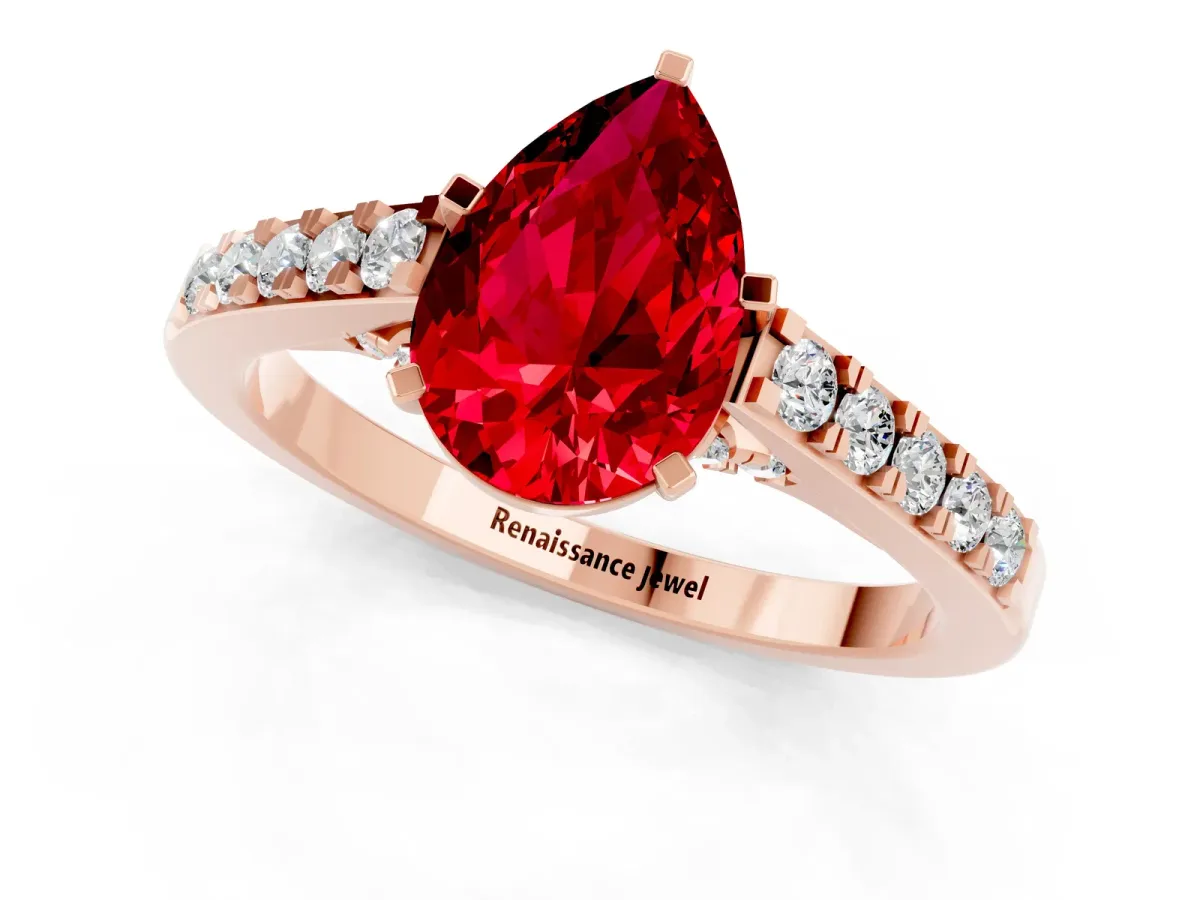Pear Cut Ruby Solitaire Ring with Crossover Gallery and Round Pavé Band Rose gold